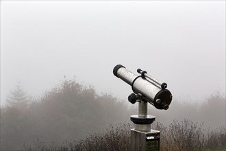 Rain-soaked telescope on mountain top, dreary autumn weather with fog, Koeterberg, Luegde, Weserbergland, North Rhine-Westphalia, Germany, Europe