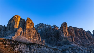The peaks of the Sella Group in the evening light, view from Gardena Pass, Dolomites, South Tyrol, Italy, Europe
