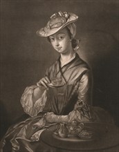 Gentlewoman with tea cup, 1820, England, Historical, digitally restored reproduction of an original from the period