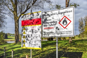 Info signs at Herrenwieser Weiher near Kempten, Allgaeu, Upper Allgaeu, Bavaria, Germany, Europe