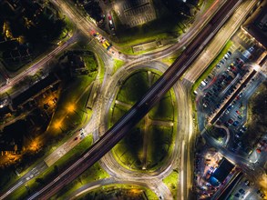 Night Top Down over Penn Inn Flyover and Roundabout from a drone Newton Abbot, Devon, England, United Kingdom, Europe