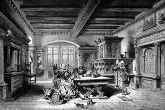 A living room in medieval Nuremberg, Germany, Historical, digitally restored reproduction from a 19th century original, Europe