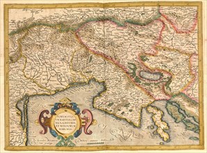 Atlas, map from 1623, Gulf of Trieste, Italy, Istria, digitally restored reproduction from an engraving by Gerhard Mercator, born as Gheert Cremer, 5 March 1512, 2 December 1594, geographer and cartog...