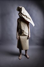 Young woman wearing a dress made of wrapping paper, a piece of paper covers her head, studio shot, Germany, Europe