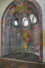 Niche with painting and candles, neo-Romanesque parish church of St. Anne in Lehel, Munich, Bavaria, Germany, Europe