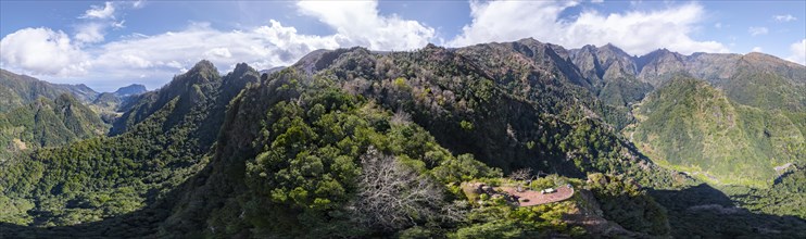 Aerial view, Panorama, Green hills and mountains, Viewpoint Miradouro dos Balcoes, Mountain valley Ribeira da Metade and the central mountains, Madeira, Portugal, Europe
