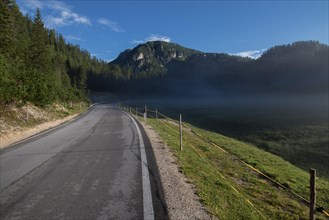 A small, light morning fog rising above the meadow by the asphalt road. Dolomite, Italy., Dolomites, Italy, Europe