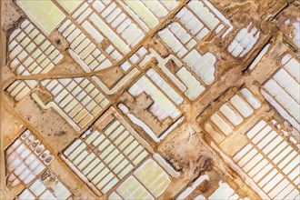 Aerial view of Salinas, salt ponds located on the south of Sal Island, Cape Verde, Africa