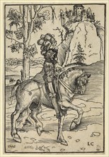Knight on horseback riding to the right, painting by Lucas Cranach the Elder, 4 October 1472, 16 October 1553, one of the most important German painters, graphic artists and letterpress printers of th...
