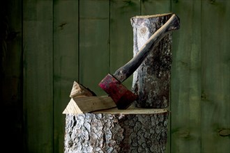 Axe on chopping block with log in front of green wooden wall, studio shot, Germany, Europe