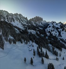 Gastlosen and Marchzaehne, winter hiking trail below, drone image, Jaun, Fribourg, Switzerland, Europe