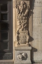 Right column of the historic entrance portal from 1910, detail, Chamber of Industry and Crafts, Nuremberg, Middle Franconia, Bavaria, Germany, Europe