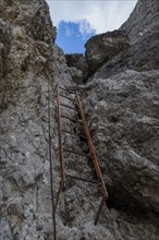 Elements set by man to facilitate the route via ferrata. Dolomites, Italy, Dolomites, Italy, Europe