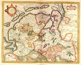 Atlas, map from 1623, Emden and Oldenburg, Germany, digitally restored reproduction from an engraving by Gerhard Mercator, born as Gheert Cremer, 5 March 1512, 2 December 1594, geographer and cartogra...
