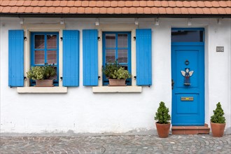 House facade with blue front door and shutters, Speyer Old Town, Rhineland-Palatinate, Germany, Europe