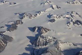 Aerial view of the inland ice with glaciated mountain landscape, Wedel Jarlsberg Land, Spitsbergen