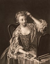 Woman sitting at a table, in front of a mirror, fixing her hairstyle, c. 1760, France, Historical, digitally restored reproduction of a historical original, Europe