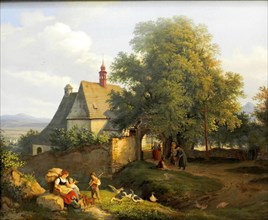 Church of St. Anne in Graupen in Bohemia, painting by Ludwig Richter, Historical, digitally restored reproduction of a historical original