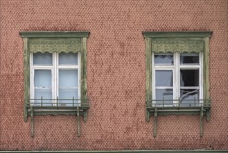 Historic house facade with windows and wooden shingles, Bad Hindelang, Allgaeu, Bavaria, Germany, Europe