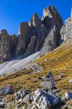 The western summit of the Three Peaks in the evening light, view from the south side, Dolomites, South Tyrol, Italy, Europe