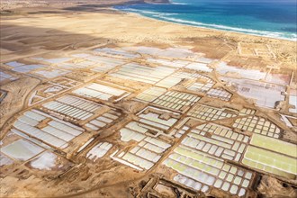 Aerial view of Salinas, salt ponds located on the south of Sal Island, Cape Verde, Africa