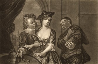 Woman choosing between two suitors, courtship, c. 1760, Germany, The Choice, after a painting of Philippe Mercier