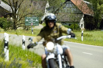 The Lautertal valley in the Swabian Alb is a popular route for motorcyclists, motorbike noise is a nuisance for residents, Muensingen, Baden-Wuerttemberg, Germany, Europe