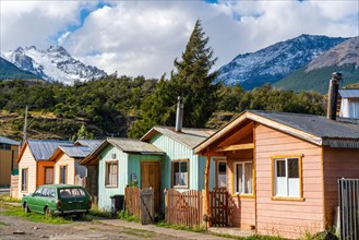 Wooden houses in the village of Villa Cerro Castillo, Cerro Castillo National Park, Aysen, Patagonia, Chile, South America