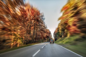 Autumn country road, zoom effect, Bavaria, Germany, Europe
