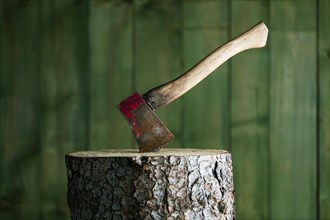 An axe on a chopping block in front of a green wooden wall, studio shot, Germany, Europe