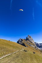 Paragliding flight over the Geisler Group, Val Gardena, Dolomites, South Tyrol, Italy, Europe