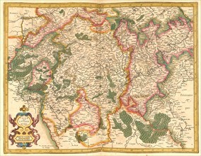 Atlas, map from 1623, Lucemburg and Trier, Germany, digitally restored reproduction from an engraving by Gerhard Mercator, born as Gheert Cremer, 5 March 1512, 2 December 1594, geographer and cartogra...