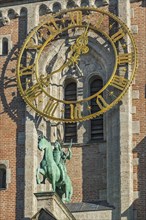Tower clock and ornamental monument, neo-Romanesque parish church of St. Anne in Lehel, Munich, Bavaria, Germany, Europe