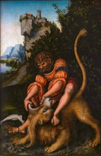 Simson vanquishes the lion, painting by Lucas Cranach the Elder, 4 October 1472, 16 October 1553, one of the most important German painters, graphic artists and letterpress printers of the Renaissance...