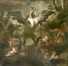 Pegasus, a winged horse, in Greek mythology the child of the sea god Poseidon and the Gorgon Medusa, Painting by Jacob Jordaens, Historical, digitally restored reproduction of a historical work of art