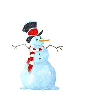 Watercolor drawing of a smiling snowman wearing big hat over white background