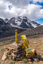 Hiking signpost at Cerro Castillo mountain, Cerro Castillo National Park, Aysen, Patagonia, Chile, South America