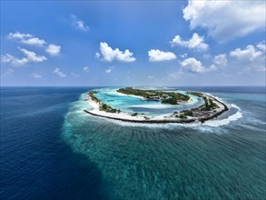 Aerial View, Paradise Island with Water Bungalows, Indian Ocean, Lankanfushi, North Male Atoll, Maldives, Asia