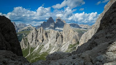 View of Tre Cime di Lavaredo from the Dolomite Trail. Dolomites, Italy, Dolomites, Italy, Europe