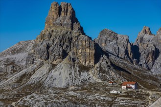 The summit of the Sextener Stein, including the Drei Zinnen hut, Dolomites, South Tyrol, Italy, Europe