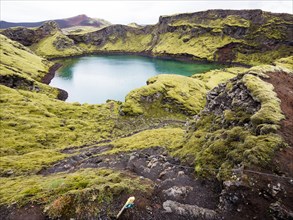 Tjarnargigur crater lake, moss-covered volcanic landscape, Laki crater landscape, highlands, South Iceland, Suourland, Iceland, Europe