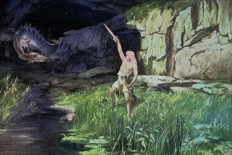 Siegfried und der Drache, Nibelungenlied, Historical, digitally restored reproduction of an original from the 19th century, exact date unknown