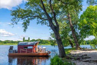 Man sitting on a houseboat, house raft, in front of the island Kiehnwerder, Breitlingsee, Brandenburg an der Havel, Havelland, Brandenburg, Germany, Europe