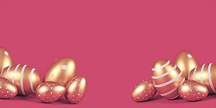 Banner with golden Easter eggs with simple stripe and dot pattern on pink background with copy space