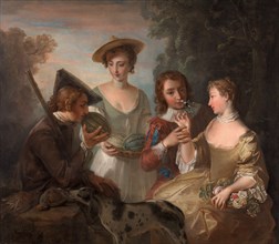 The Sense of Smell, group of four people smelling various fruits and plants, The Sense of Smell, a painting by Philippe Mercier