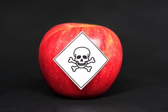 Concept of pesticide residues in agricultural food products dangerous to humans, showing a red apple with poison symbol sticker on black background