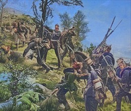The Battle of Spichern, 6 August 1870, also known as the Battle of Forbach, was a battle during the Franco-Prussian War, 1870, Historical, digitally restored reproduction of an original from the 19th ...