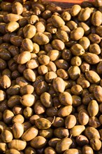 Turkish style prepared olives in the market stands