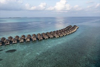 Aerial view, Hurawalhi Island resort with beaches and water bungalows, North Male Atoll, Maldives, Indian Ocean, Asia