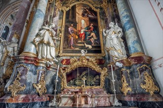 Full body relic of St. Clement in the side altar, St. Marys Church in Fuerstenfeld Abbey, former Cistercian Abbey in Fuerstenfeldbruck, Bavaria, Germany, Europe